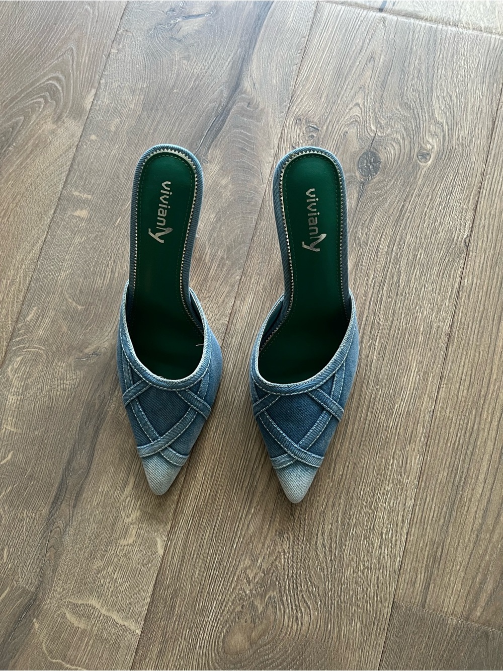 Vivianly Denim Pointed-Toe Slip-On Mules in Blue